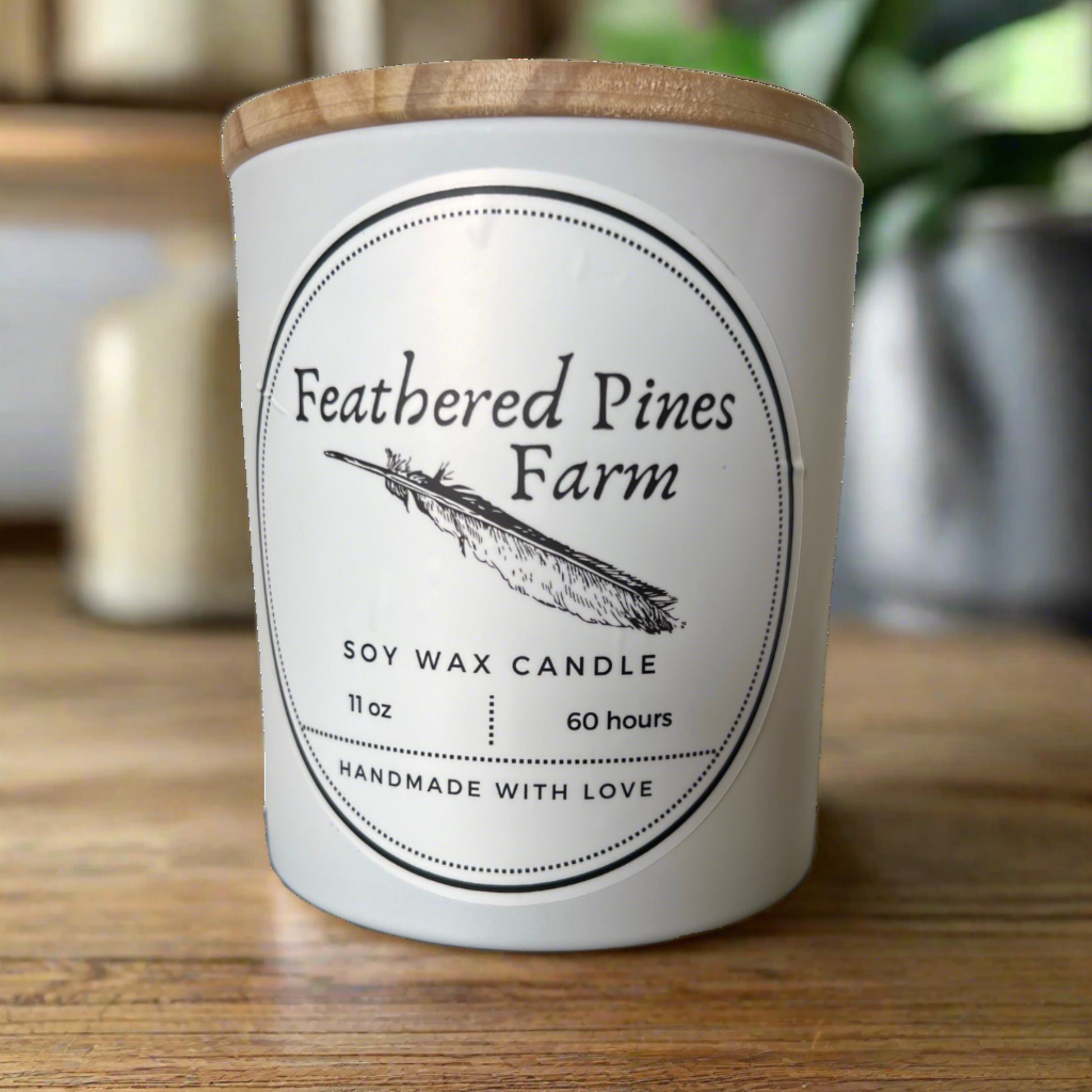 Feathered Pines Candle sitting on a rustic countertop.